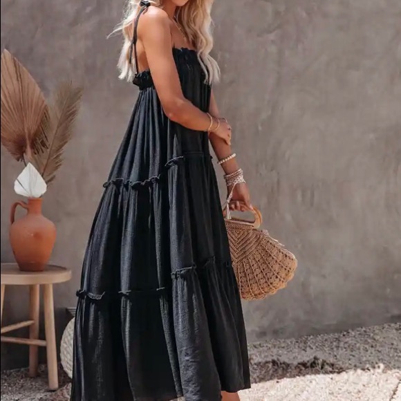 CATCH THE SUN TIERED MIDI DRESS - BLACK - Picture 1 of 6